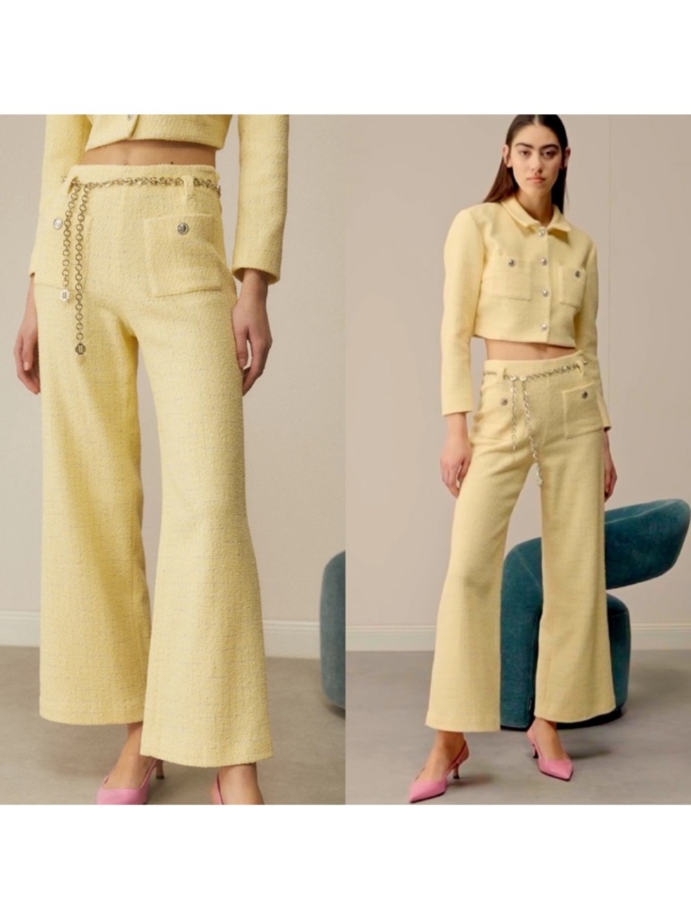 Maje Pillow Belted Cropped Tweed Wide-Leg Pants Pale Yellow Size XS Spring *FLAW